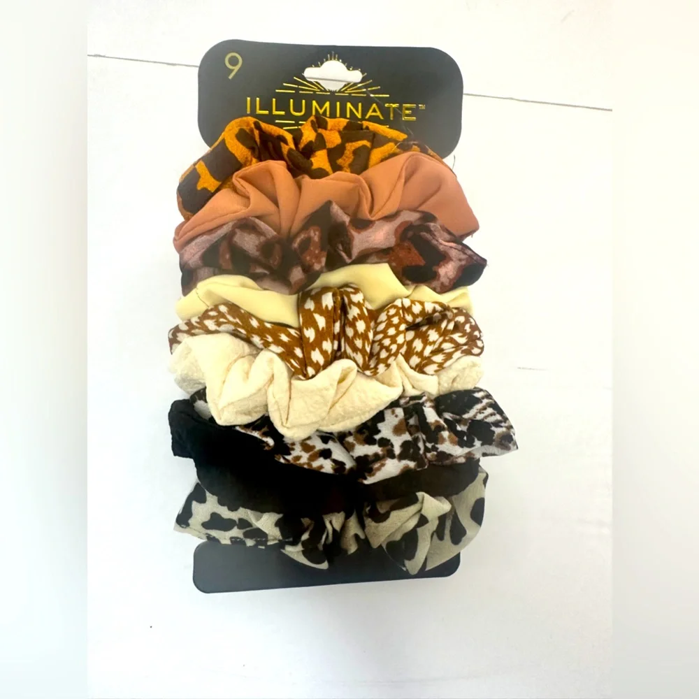 Black & Neutral Animal Print Hair Accessories 9 Hair Scrunchies & 1 Black Bow